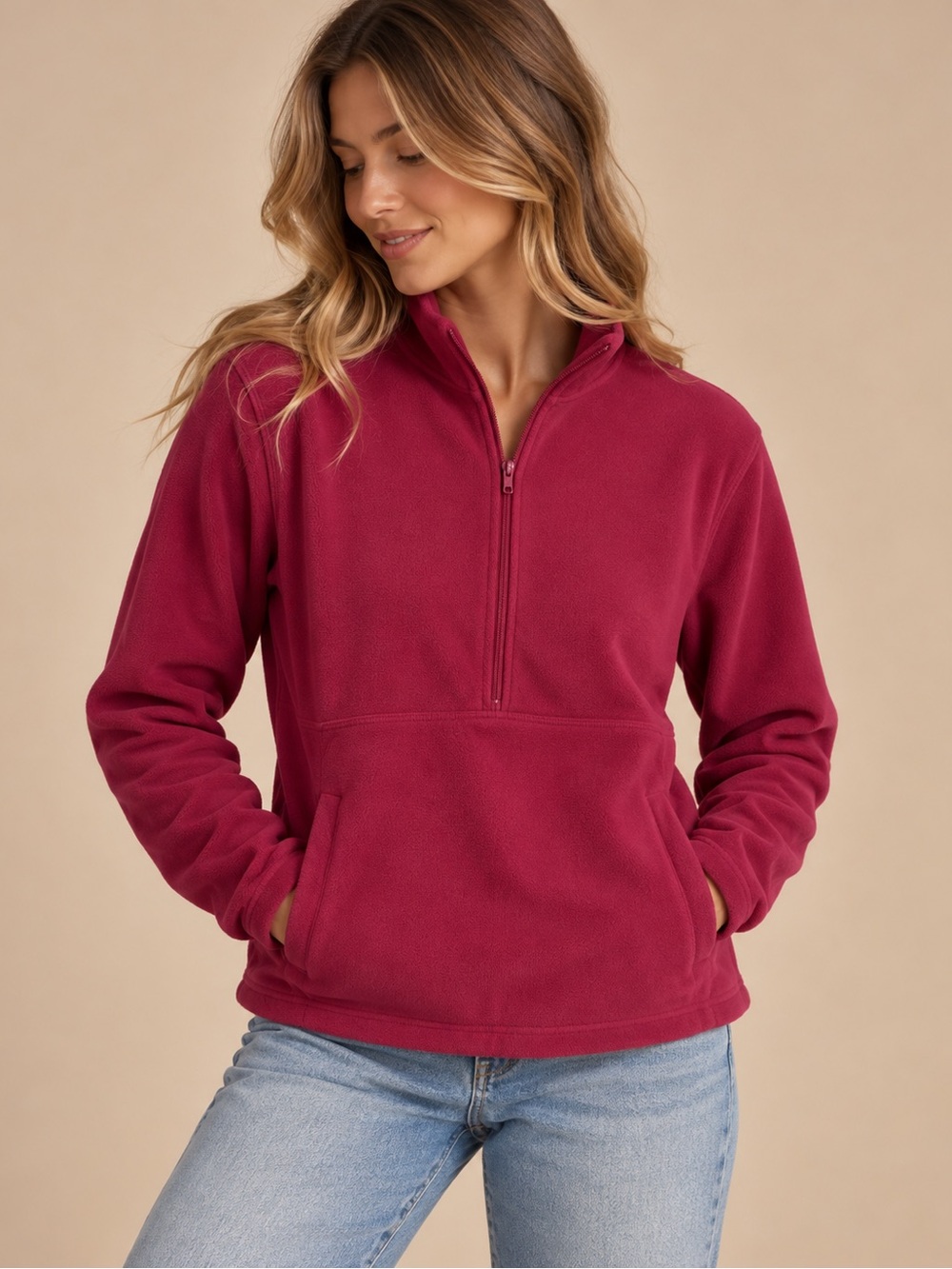 Free Country Women's Berry Pink Quarter Zip Fleece Pullover L